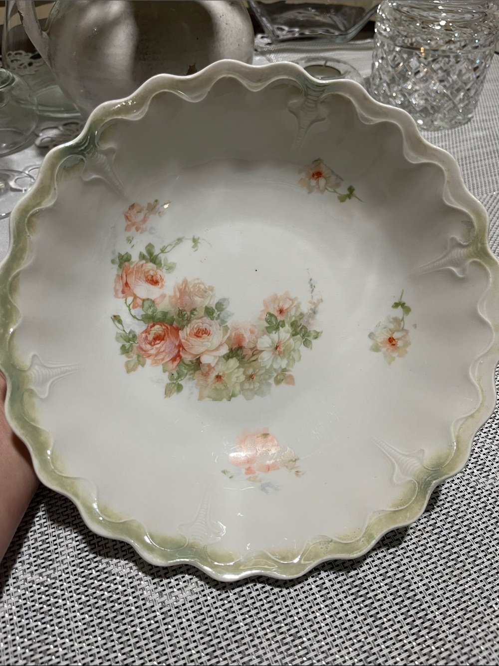 Peach Rose Porcelain Bowl with Green Foliage Floral Transfer